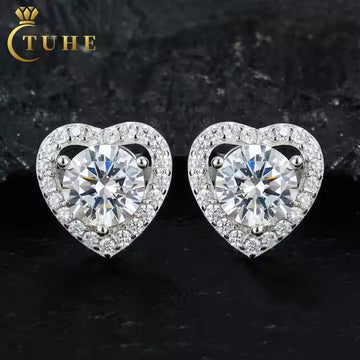 VVS Moissanite Heart Halo Stud Earrings – 925 Sterling Silver
